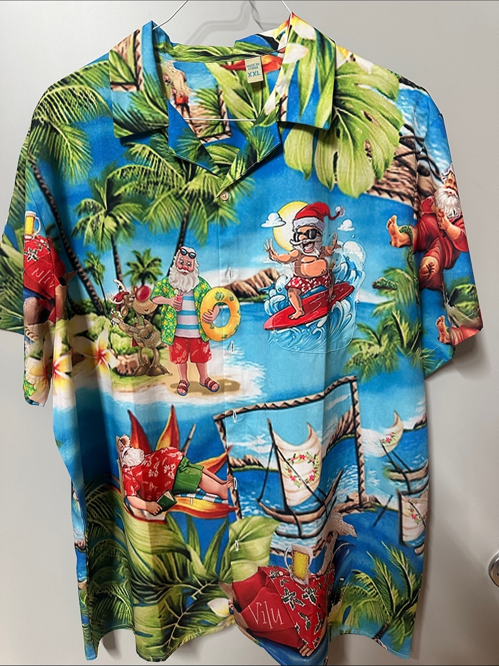 Men's Blue Tropical Santa Print Hawaiian Button-Down Shirt